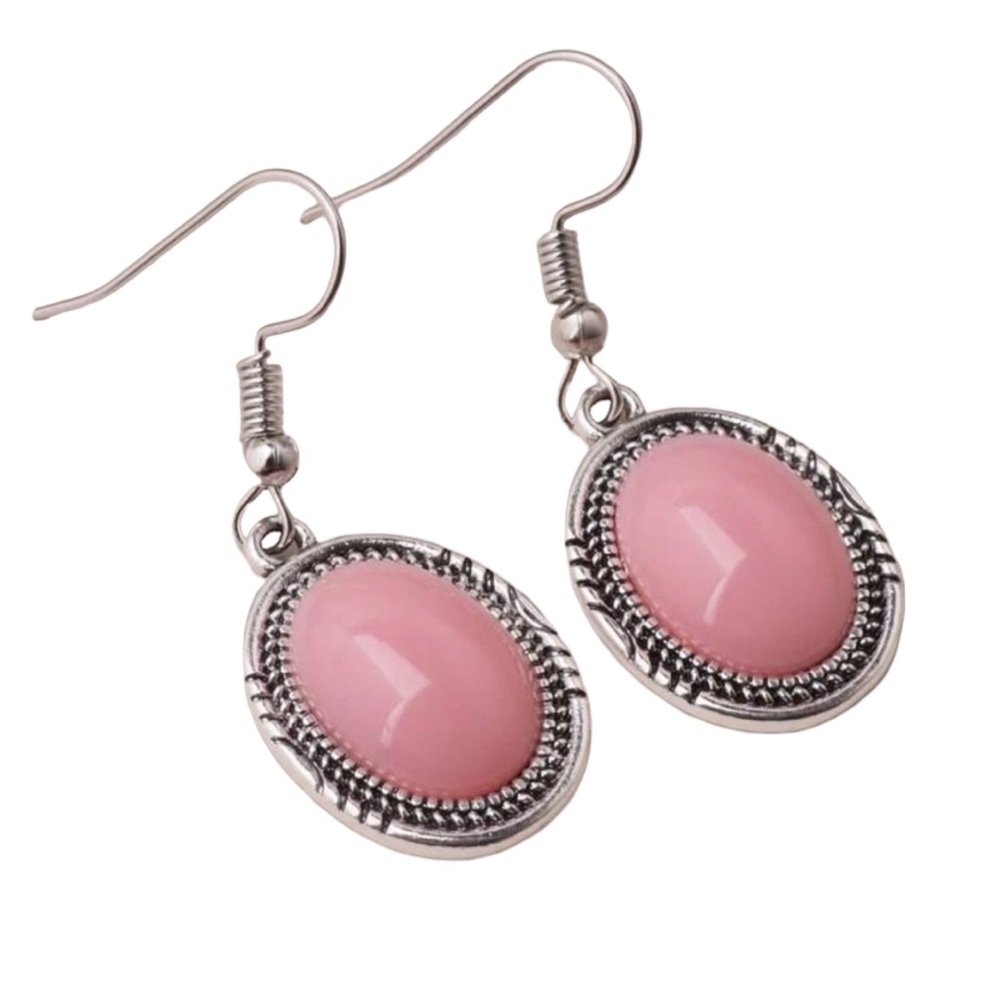 Antiqued Silver with Bubblegum Pink Stone Oval Drop Earrings